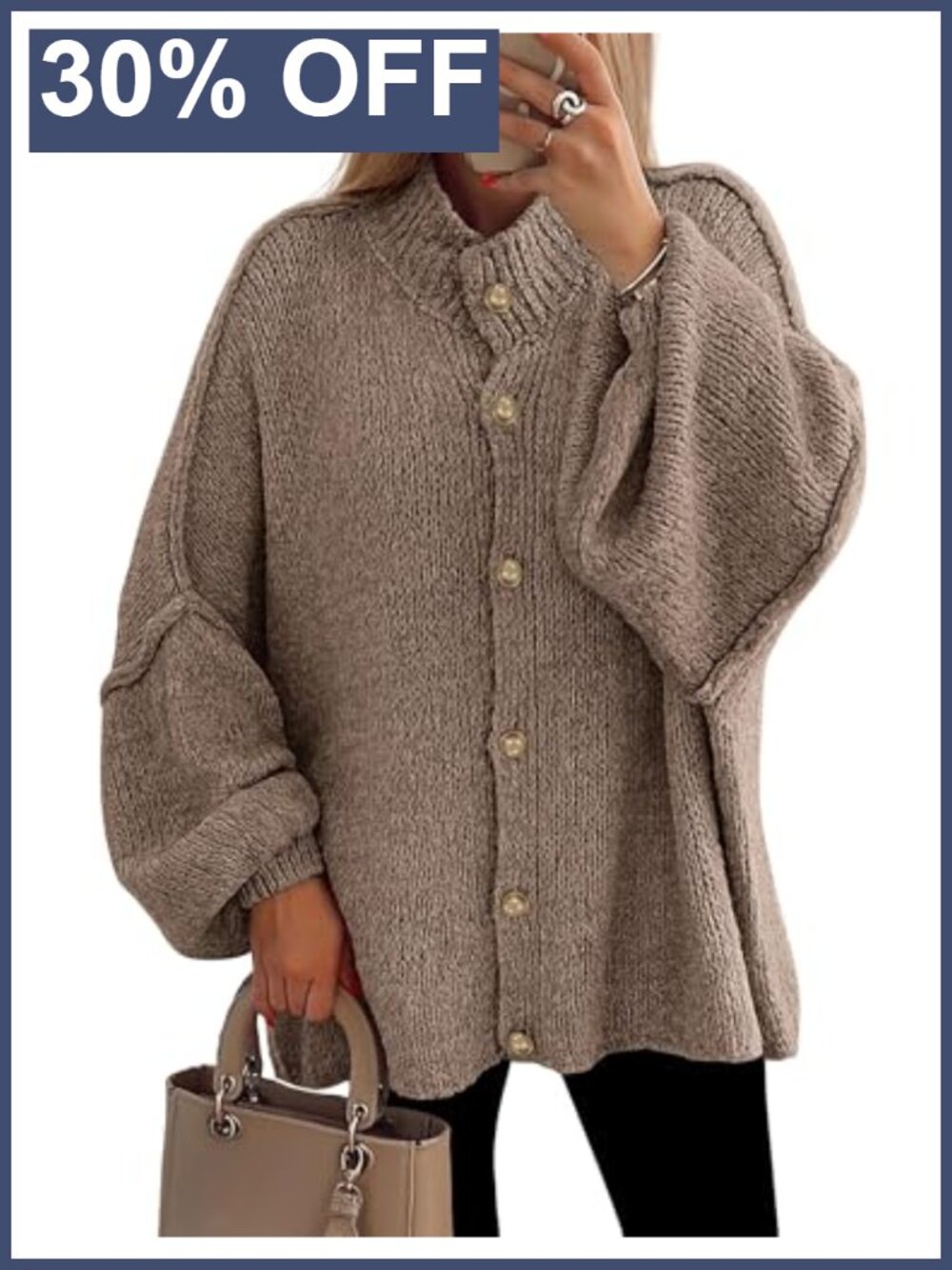 Chunky Knit Button Down Cardigan Sweater Oversized Lantern Sleeve Women